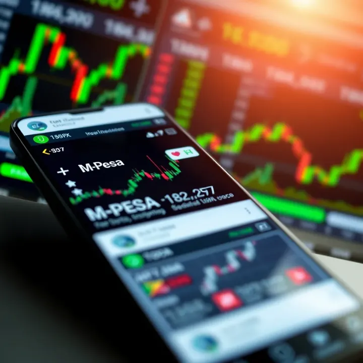 Illustration of a mobile phone displaying the M-Pesa app alongside forex trading charts