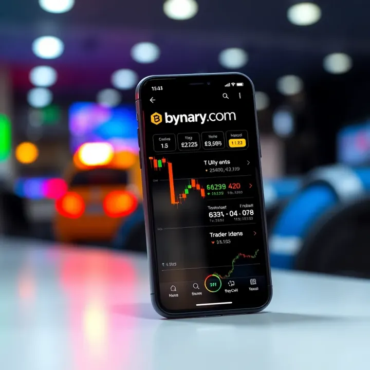 Mobile phone displaying Binary.com trading app interface showcasing trading options and market charts