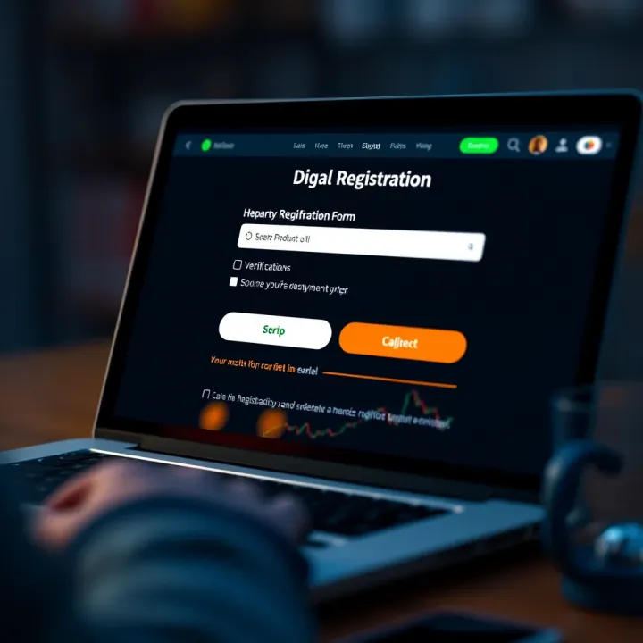 Illustration of a digital registration form on a laptop screen with verification icons