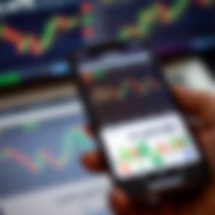 Mobile phone displaying forex trading app interface with currency charts and analytics