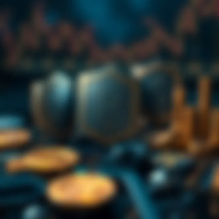 Conceptual illustration of risk management strategies with shields and cryptocurrency symbols