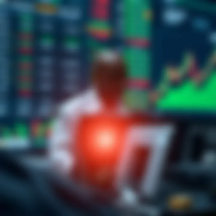 Conceptual illustration of financial trading with currency symbols and digital graphs