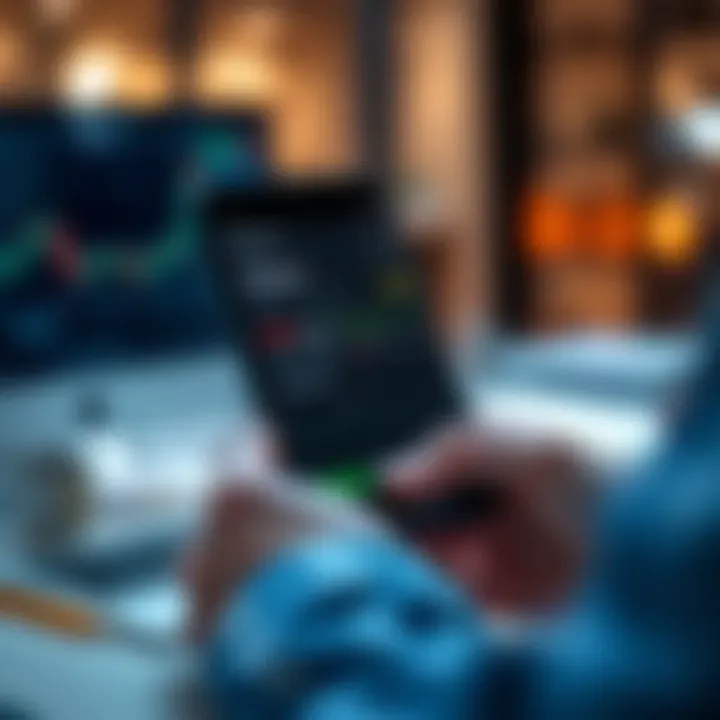 Mobile device displaying a financial dashboard with trading statistics and account overview