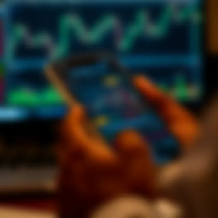 Mobile device displaying a trading application interface with charts and market data