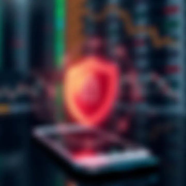 Cybersecurity and Data Protection for Trading Apps Illustration of secure digital shield over a mobile trading platform representing cybersecurity and data protection