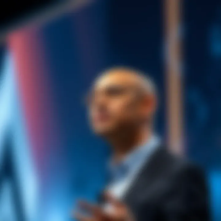 Portrait of Satya Nadella delivering a speech on technology innovation