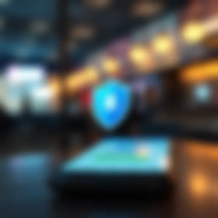 Illustration of a secure download process on a mobile phone with a shield symbol