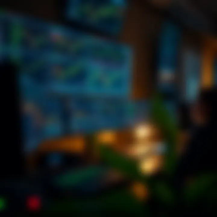 Trading workstation displaying multiple screens with charts, graphs, and trading software