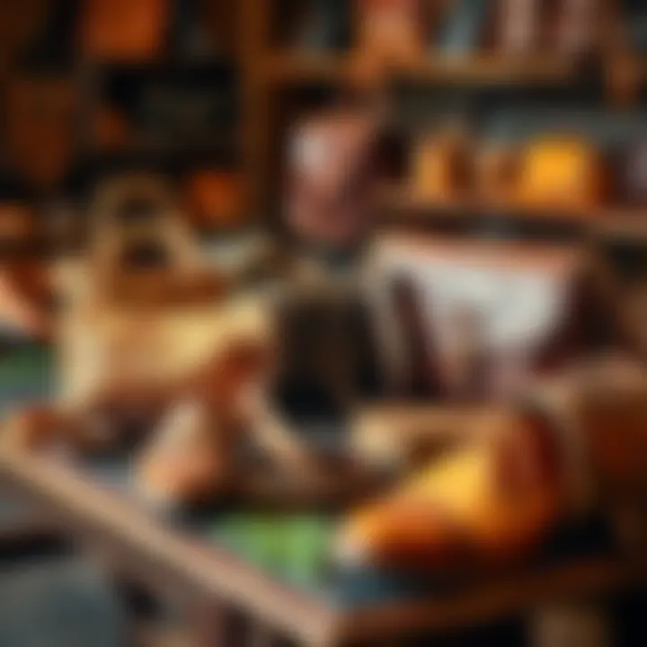 Various types of deri products including bags, belts, and shoes displayed on a wooden table