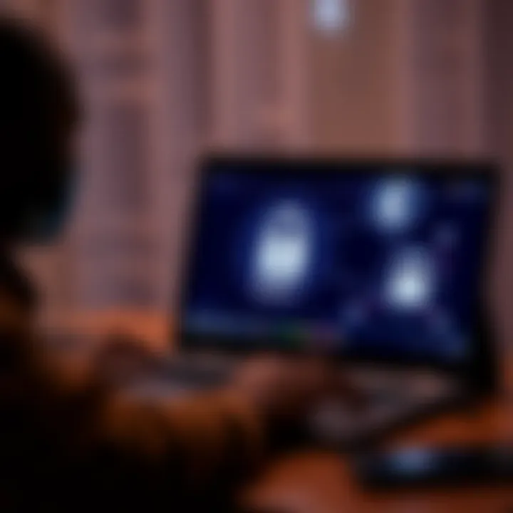 Kenyan trader using laptop to access Deriv account with currency symbols and secure connection icons