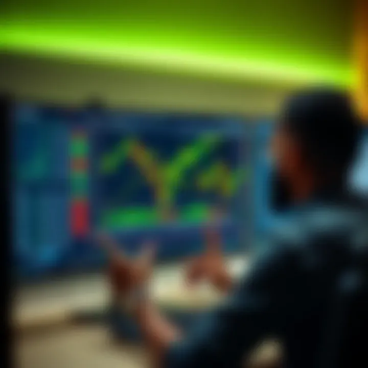 Trader analyzing forex charts on a computer screen with simulated trading interface