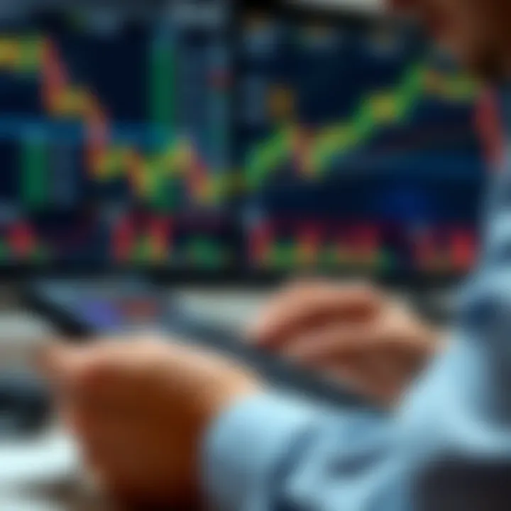 Forex trader calculating pip values using a digital calculator with currency charts in the background