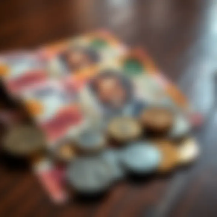 Kenyan Currency Notes and Coins Representing Sarafu Close-up of Kenyan currency notes and coins arranged on a wooden surface