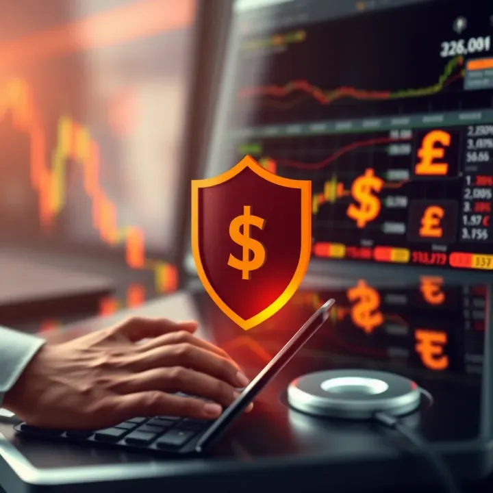 Illustration of secure online transaction with shield and currency symbols