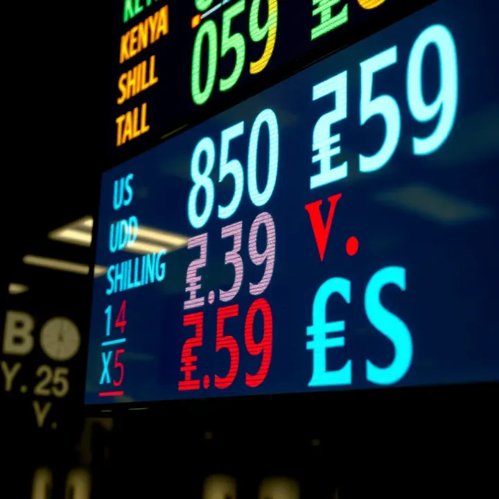 Currency exchange rates displayed on a digital board with Kenyan shilling and US dollar symbols