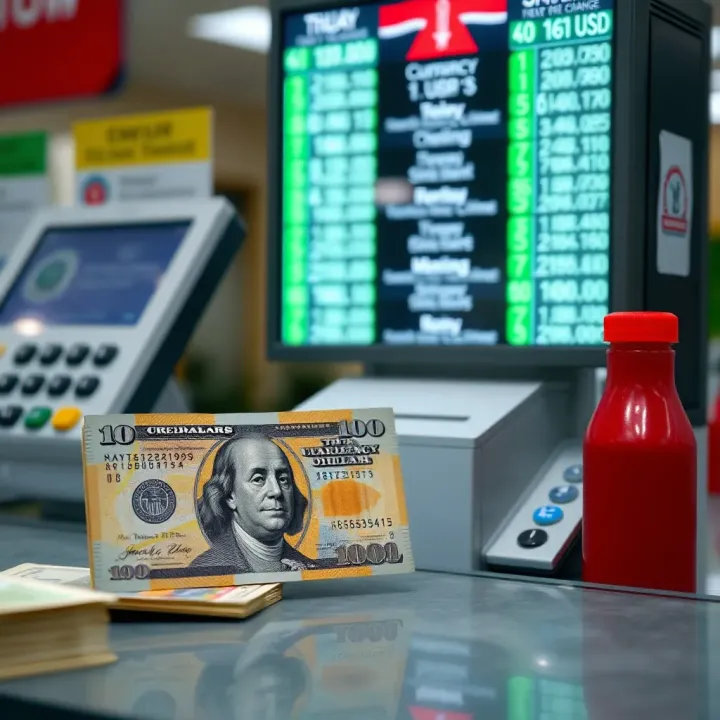 Counter displaying Kenyan shillings and US dollars during a currency exchange transaction