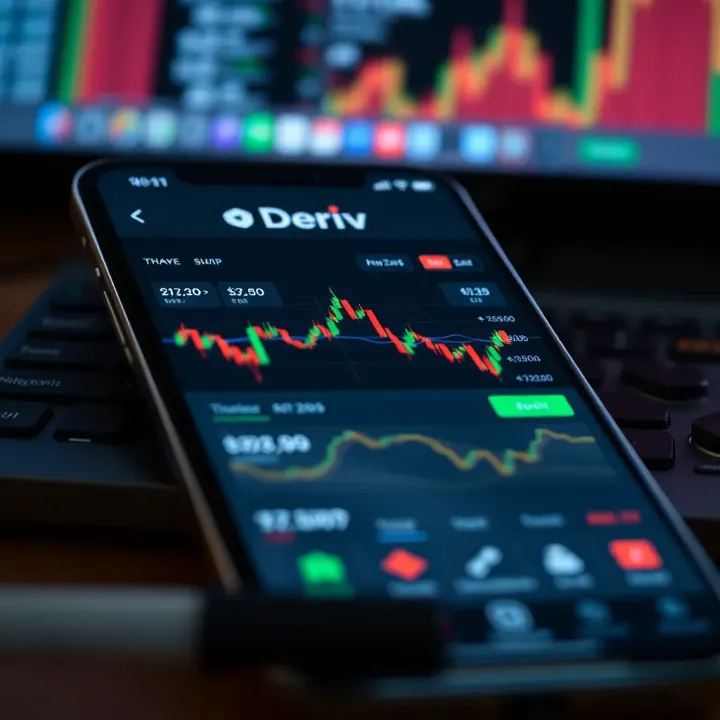 Mobile device screen displaying the Deriv trading app interface with charts and market data