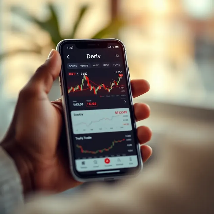 Mobile device showing the Deriv app interface with trading charts and tools