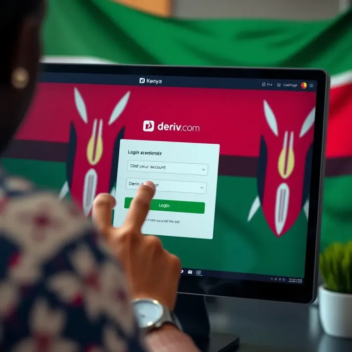 User entering credentials on Deriv.com login screen with Kenyan flag in background