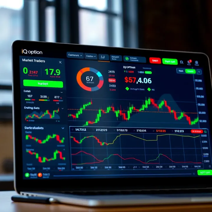Screenshot showcasing the IQ Option trading platform dashboard with various trading instruments and real-time market data