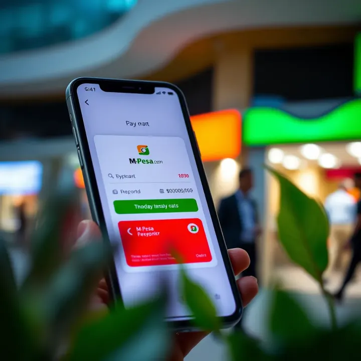 Illustration of mobile phone displaying M-Pesa payment interface for easy deposits on IQ Option platform