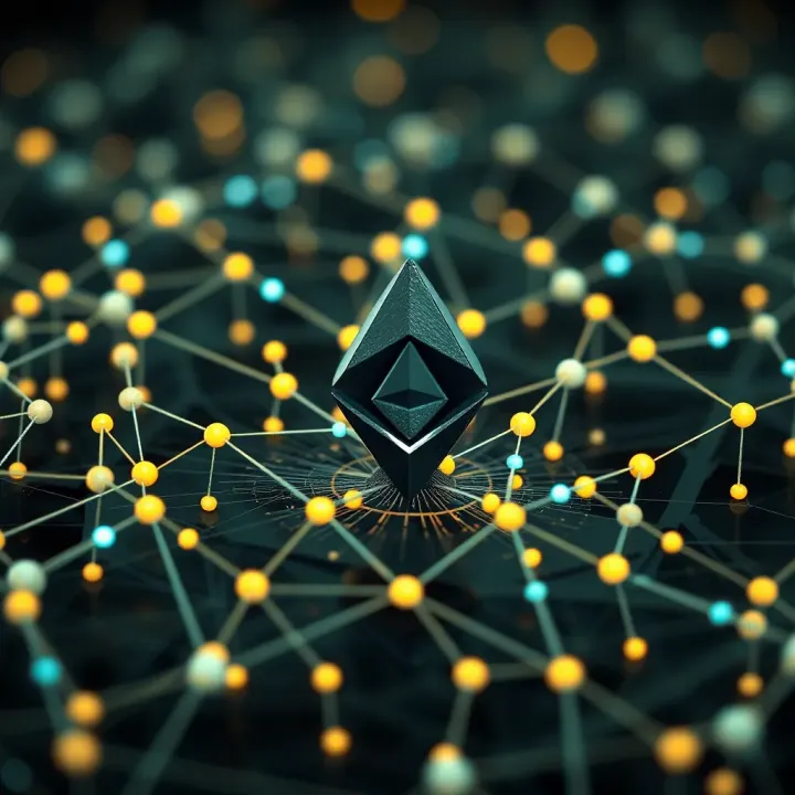 Visual representation of Ethereum blockchain technology with interconnected nodes and data flow