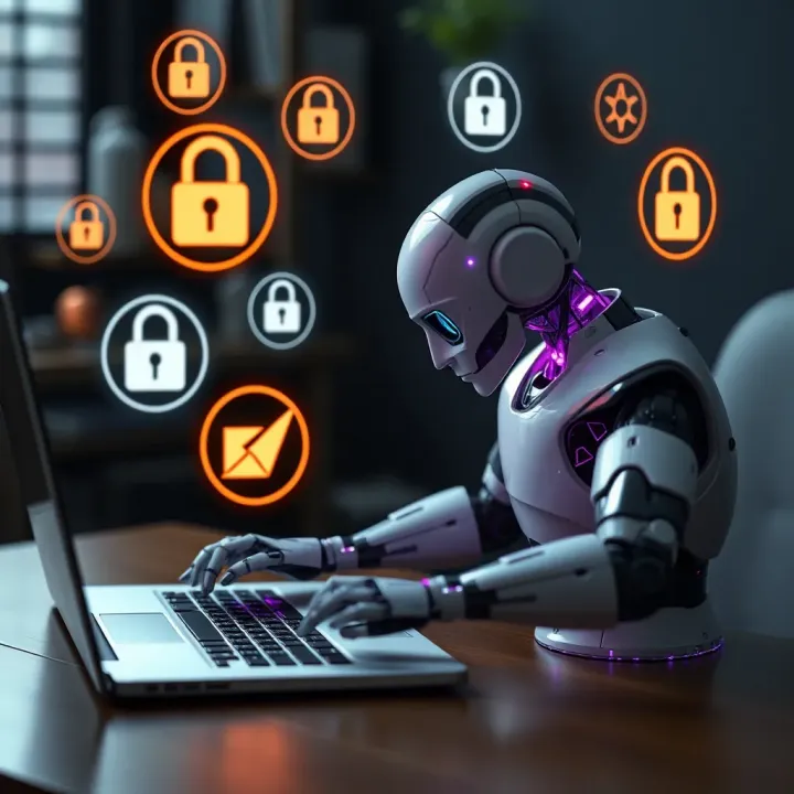 Illustration of a digital robot working on a laptop surrounded by icons representing security and safe downloads