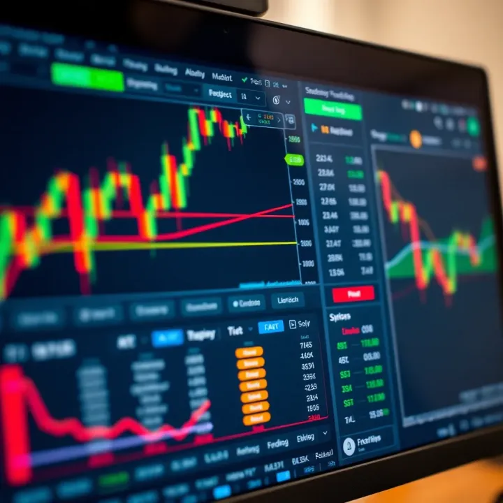 Close-up of a computer screen displaying binary trading bot software with charts and automation settings