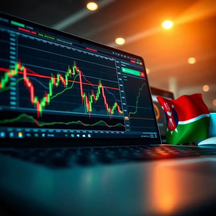 Digital trading platform displaying financial graphs and Kenyan flag symbolizing FBS no deposit bonus for Kenyan traders