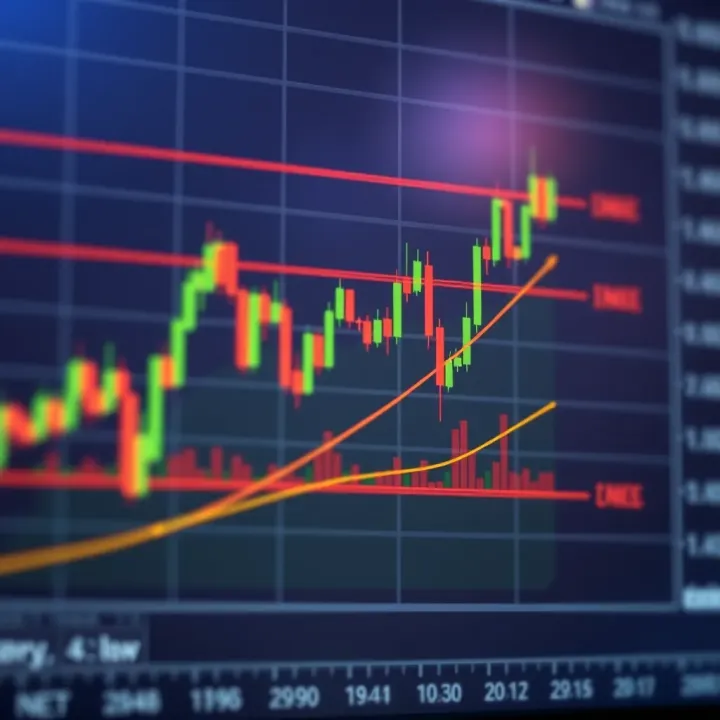 Chart illustrating Fibonacci retracement levels with price movement and key support and resistance points