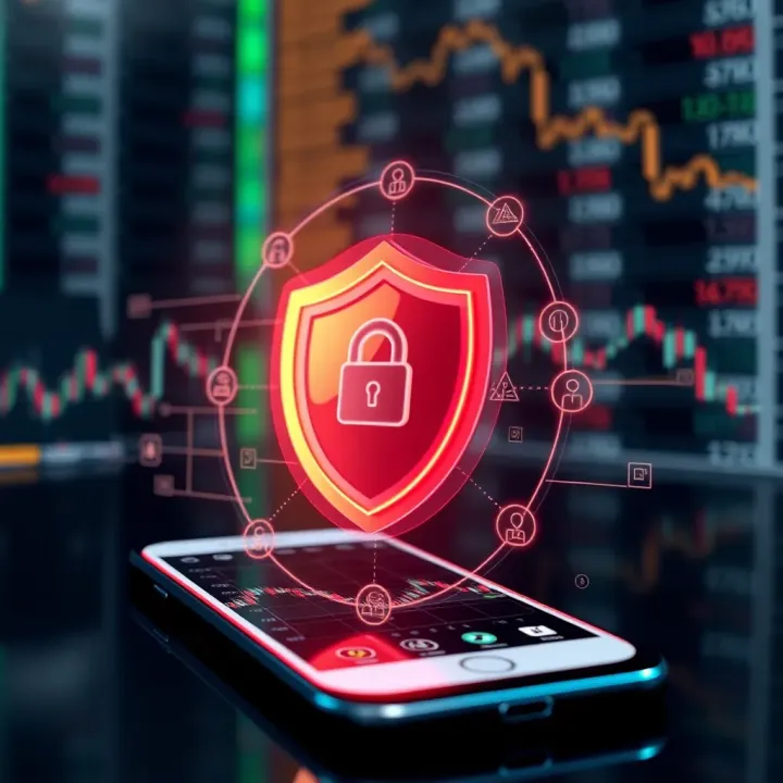 Illustration of secure digital shield over a mobile trading platform representing cybersecurity and data protection