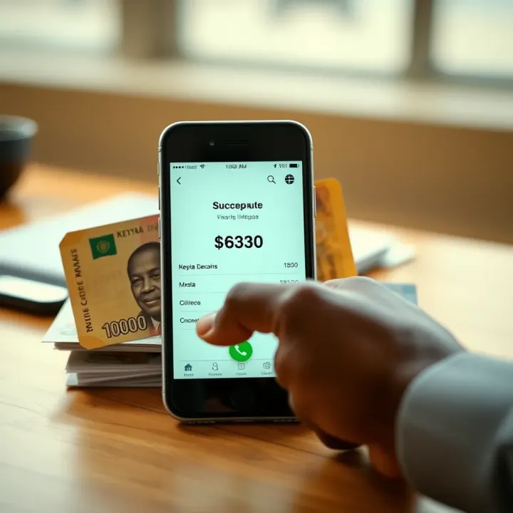 Illustration of Kenyan currency notes next to a smartphone showing a successful Mpesa transaction