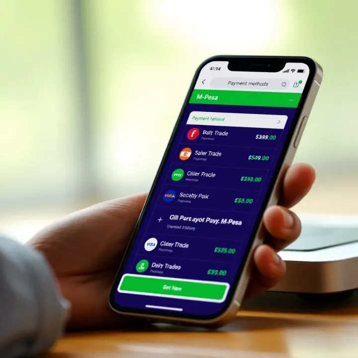 Mobile phone showing Deriv trading platform interface with payment options