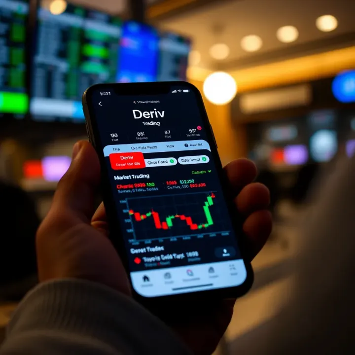 Deriv app interface showing trading options and market charts on a smartphone