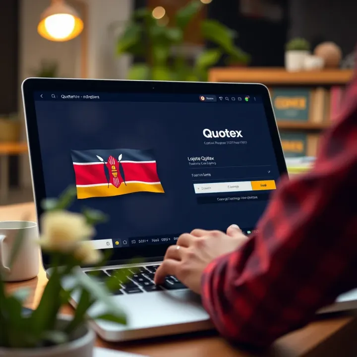 User logging into Quotex trading platform on laptop with Kenyan flag icon