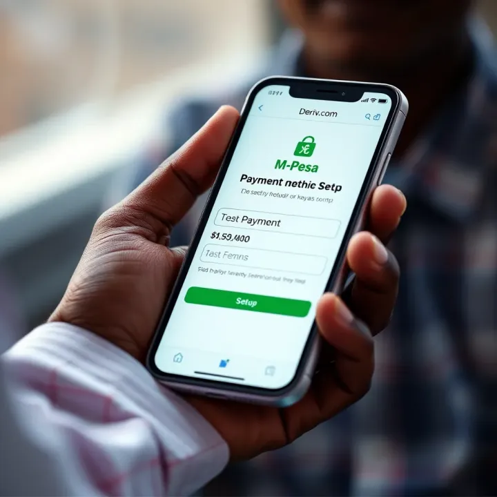 Mobile phone displaying M-Pesa payment setup on Deriv.com platform