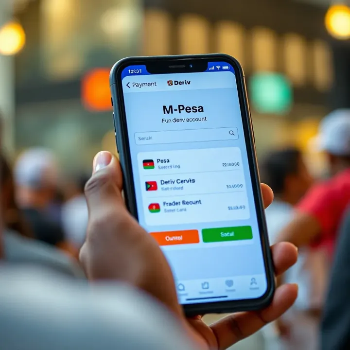 Mobile phone screen showing M-Pesa payment option for funding Deriv account