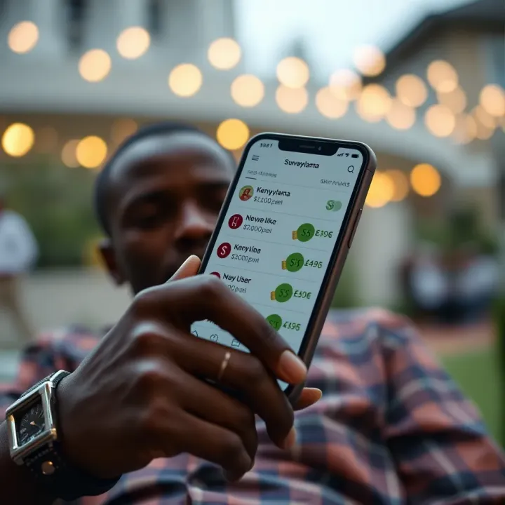 User reviewing Surveylama mobile app with Kenyan currency symbols indicating earnings from surveys
