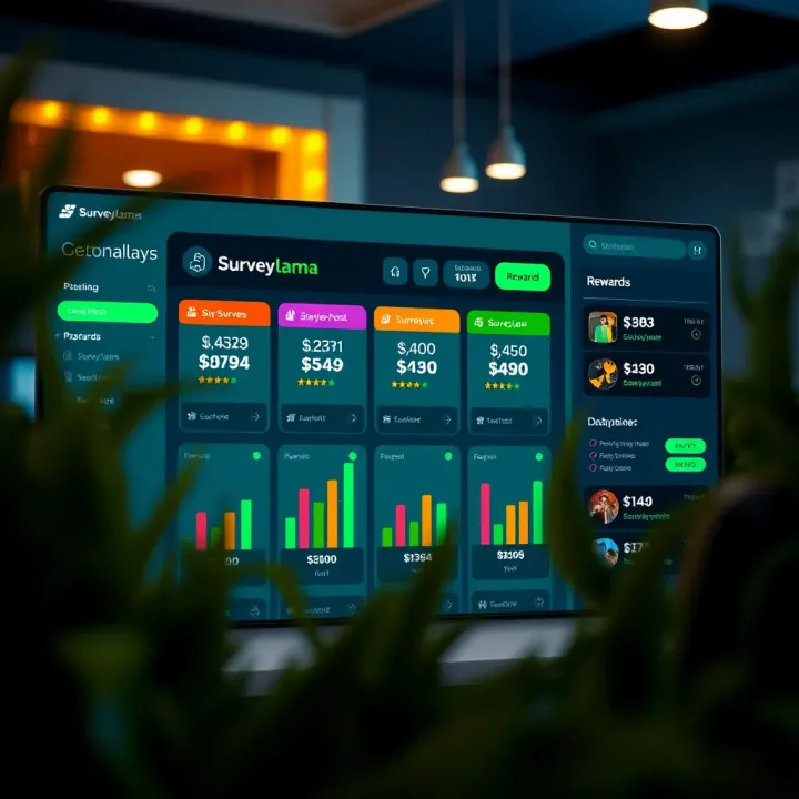 Dashboard interface displaying survey opportunities and reward points on Surveylama platform