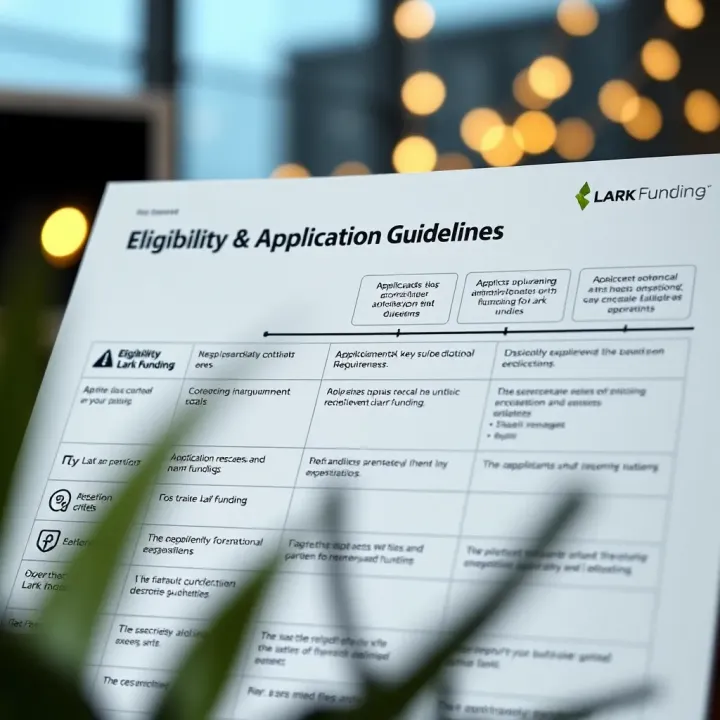 Diagram depicting eligibility criteria and application steps for Lark funding, highlighting key requirements and submission guidelines