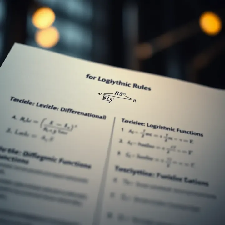 Diagram demonstrating the rules for differentiating logarithmic functions with examples and formula annotations