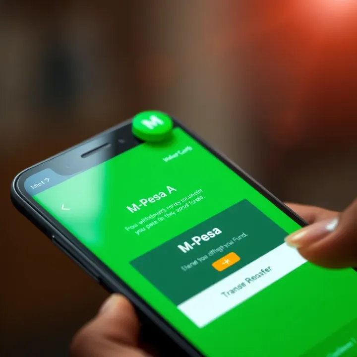 Illustration of a smartphone with M-Pesa app confirming a successful fund transfer
