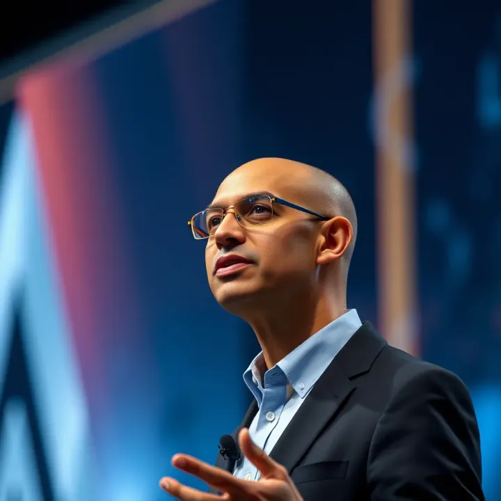 Portrait of Satya Nadella delivering a speech on technology innovation