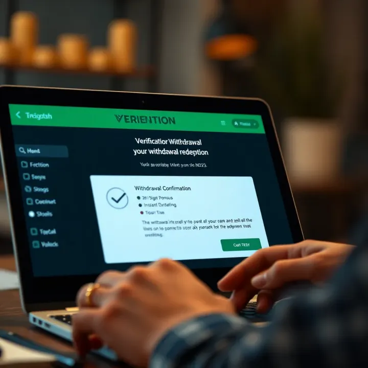 Secure online banking interface showing verification checkmarks and withdrawal confirmation on a digital device