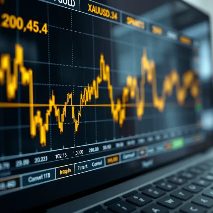 Graph showing fluctuating gold prices against the US dollar with key market indicators