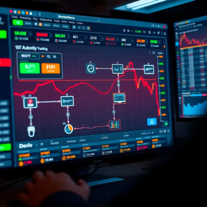 Interface showcasing Binary Bot workflow on Deriv platform with various automation blocks connected