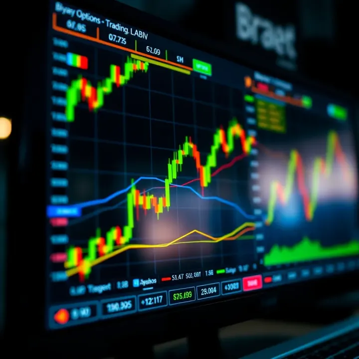 Digital screen displaying binary options trading charts and statistics