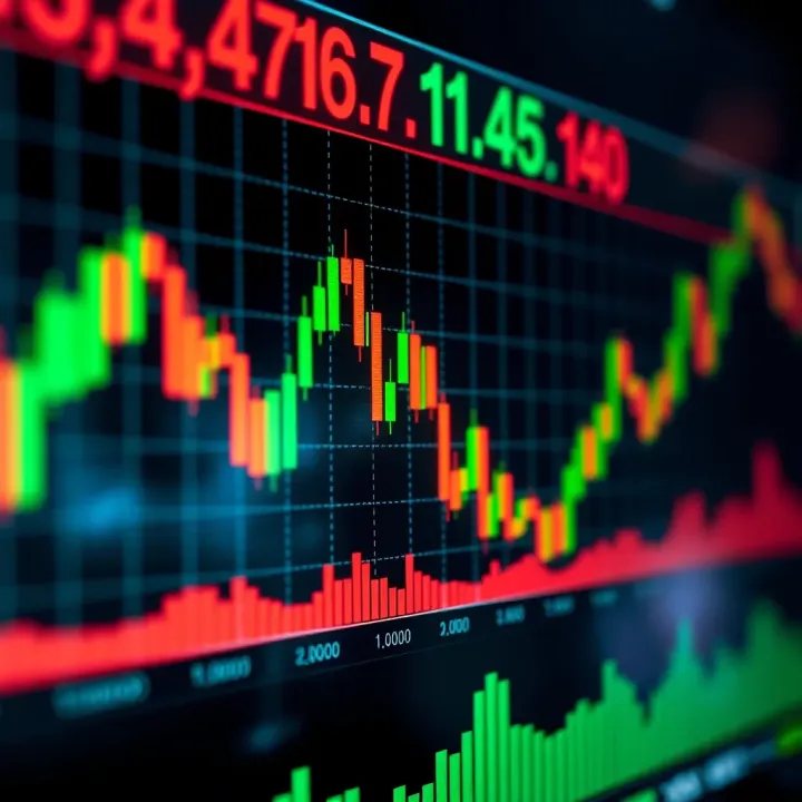 Graph showing financial market trends with candlestick patterns and volume indicators