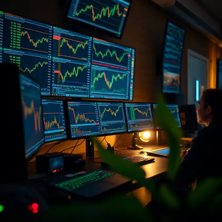 Trading workstation displaying multiple screens with charts, graphs, and trading software