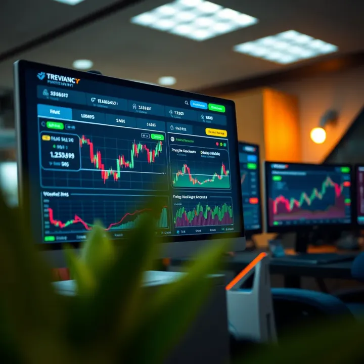 Digital dashboard displaying trading platform interface with practice account features